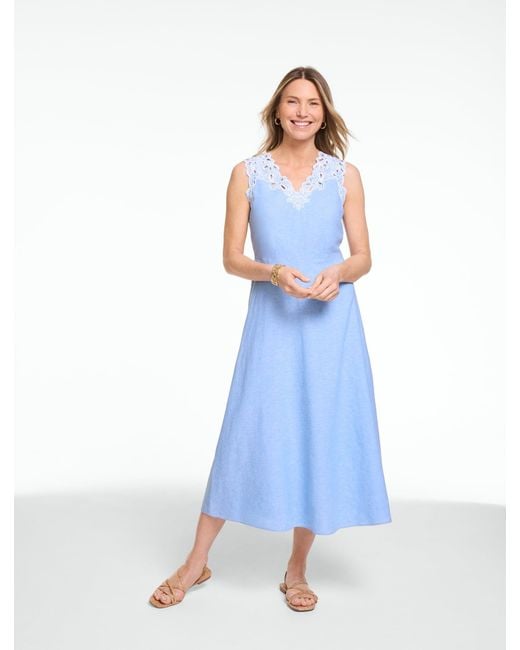 Talbots Blue Embroidered Linen Fit & Flare Dress