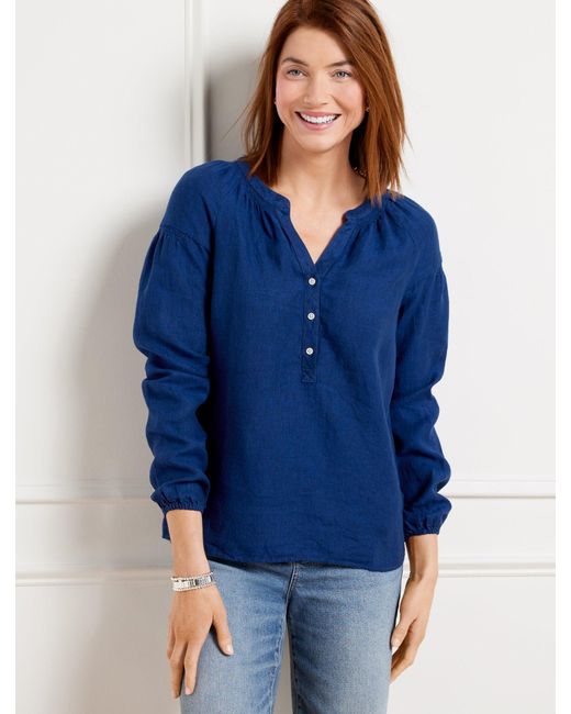 Talbots Blue Lantern Sleeve Linen Top