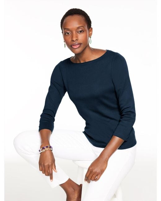Talbots Blue Solid Bateau Neck T-shirt Pima Cotton