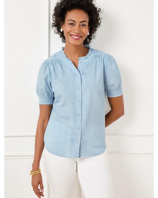 Talbots Blue Stitch Pleat Chambray Top