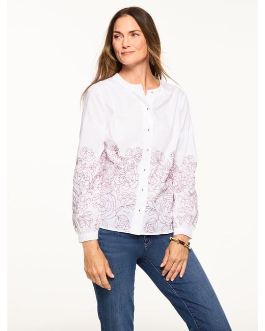 Talbots White Contrast Embroidered Poplin Top