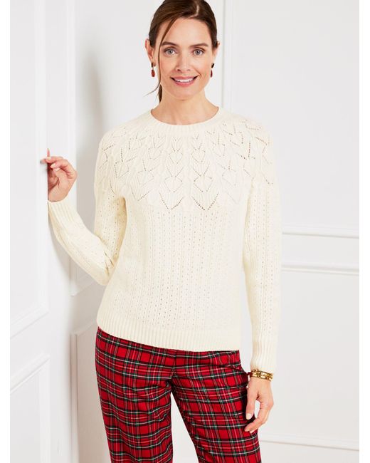 Talbots White Pointelle Round Yoke Sweater