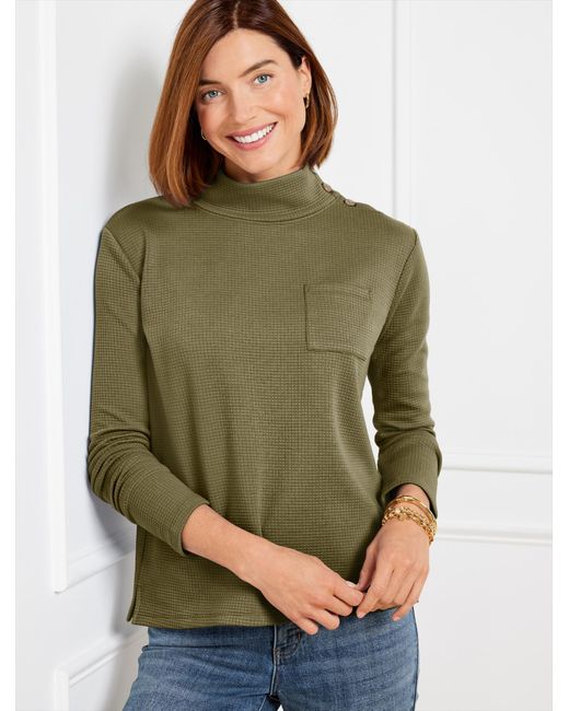 Talbots Green Button Mockneck Pullover Sweater
