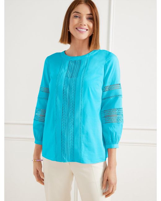 Talbots Blue Embroidered Trim Top