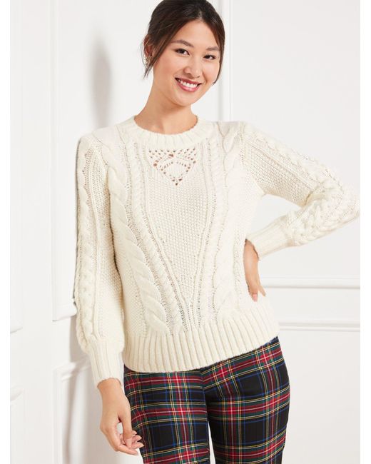 Talbots White Balloon Sleeve Cable Knit Sweater