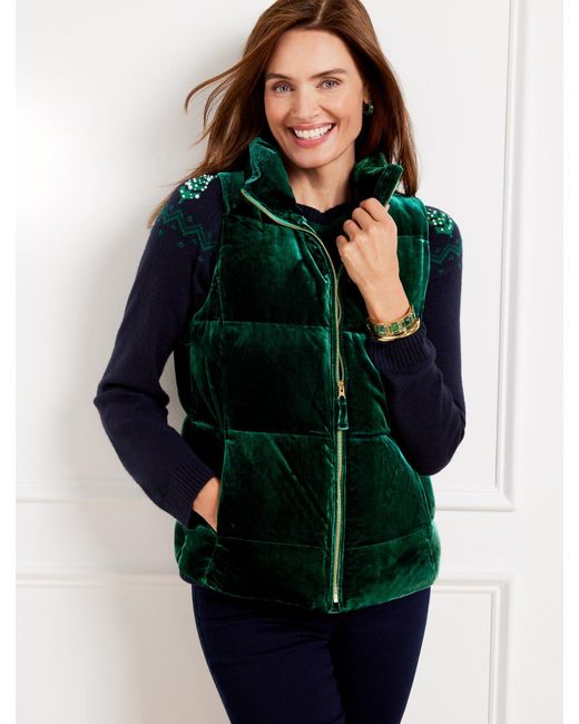Talbots Effortless Velvet Down Puffer Vest in Green | Lyst