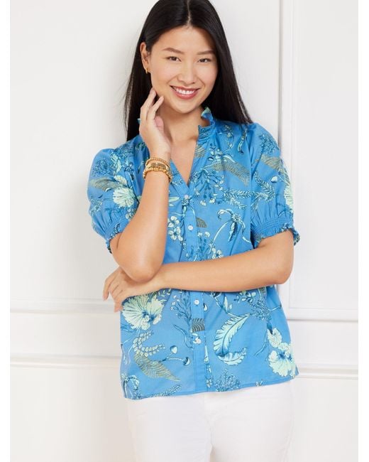 Talbots Blue Smocked Sleeve Top