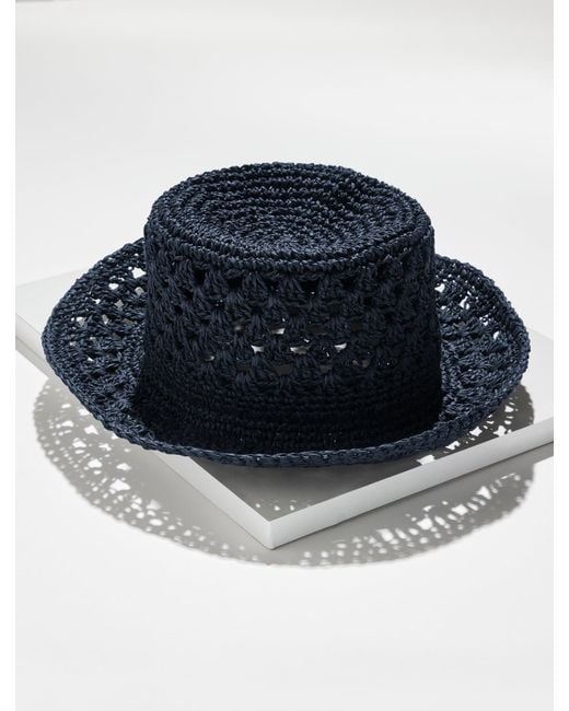 Talbots Blue Crochet Straw Mixed Stitch Bucket Hat