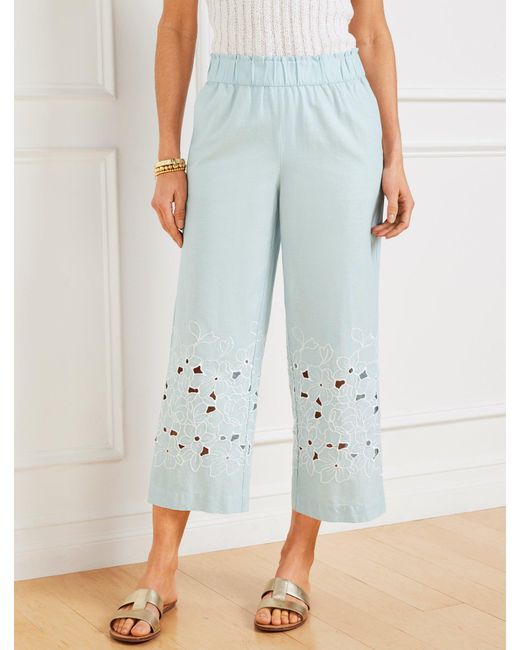 Talbots Blue Wide Crop Pull-on Embroidered Washed Linen Pants