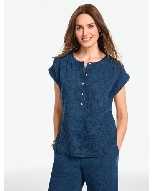 Talbots Blue Gauze Band Collar Popover Shirt
