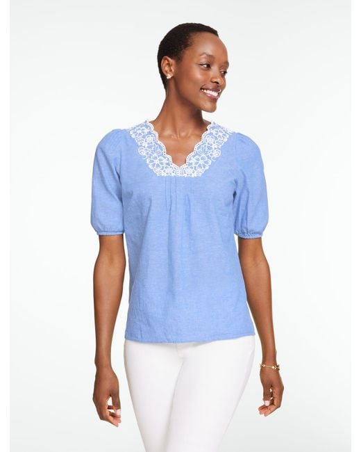 Talbots Blue Embroidered Short Sleeve Linen Top