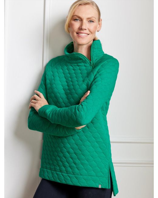 Talbots Green Asymmetrical Zip Quilted Pullover Sweater
