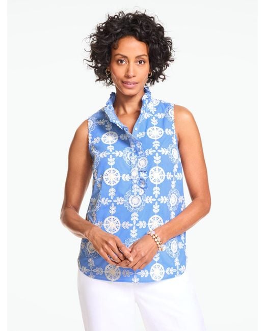 Talbots Blue Embroidered Ruffle Neck Top