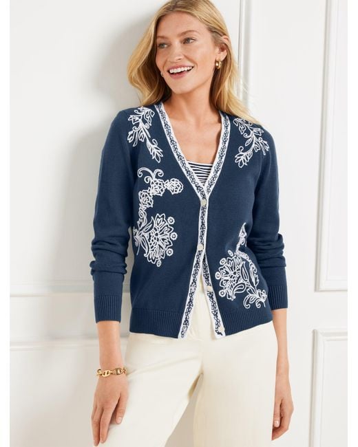 Talbots Blue Embroidered V-neck Cardigan Sweater