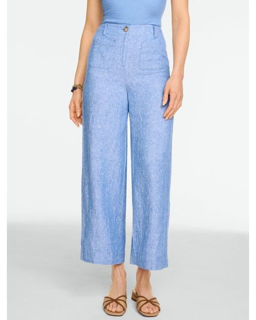 Talbots Blue Washed Linen Wide Crop Patch Pocket Pants