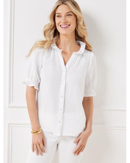 Talbots White Smocked Gauze Top