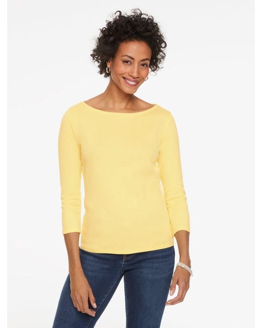 Talbots Yellow Solid Bateau Neck T-shirt Pima Cotton