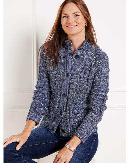 Talbots Blue Metallic Tweed Mockneck Cardigan Sweater