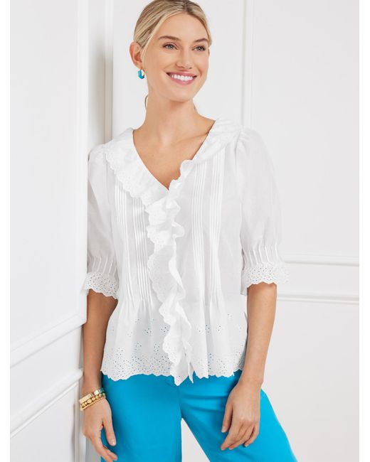 Talbots White Embroidered Eyelet Ruffle Top