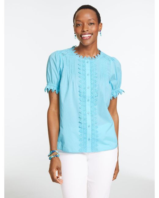 Talbots Blue Lace Trim Button Front Voile Top