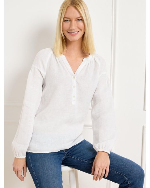 Talbots White Lantern Sleeve Linen Top