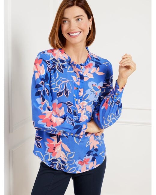 Talbots Blue Ruffle Trim Popover Shirt