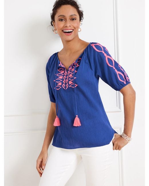Talbots Blue Crinkle Gauze Embroidered Top