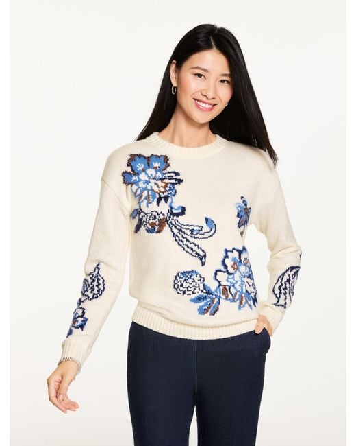 Talbots White Jacobean Jacquard Crewneck Sweater