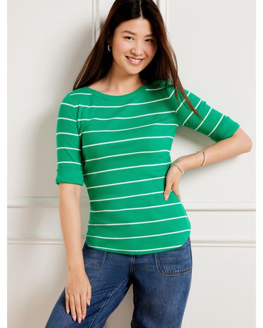 Talbots Green Elbow Sleeve Ribbed Top