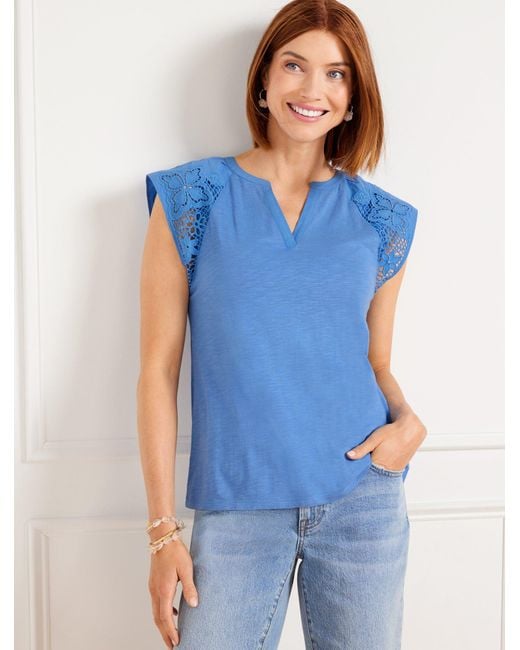 Talbots Blue Embroidered Sleeve Split Neck T-shirt
