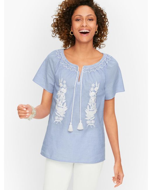 Talbots Blue Embroidered Chambray Tie Neck Top