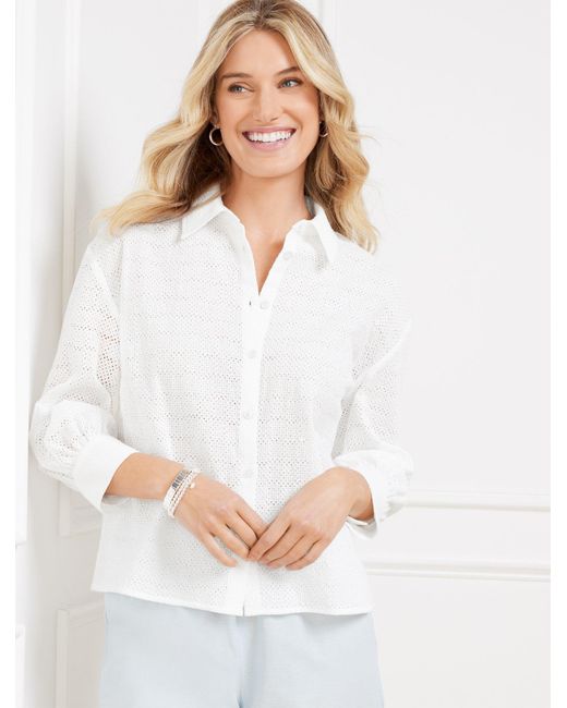 Talbots White Checkered Button Front Top