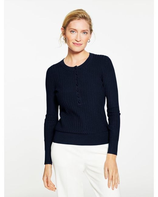 Talbots Blue Ribbed Henley Pullover Sweater