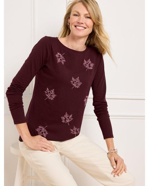 Talbots Red Autumn Embellished Crewneck T-shirt