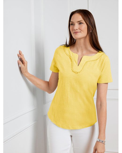 Talbots Yellow Dot Trim Split Neck T-shirt