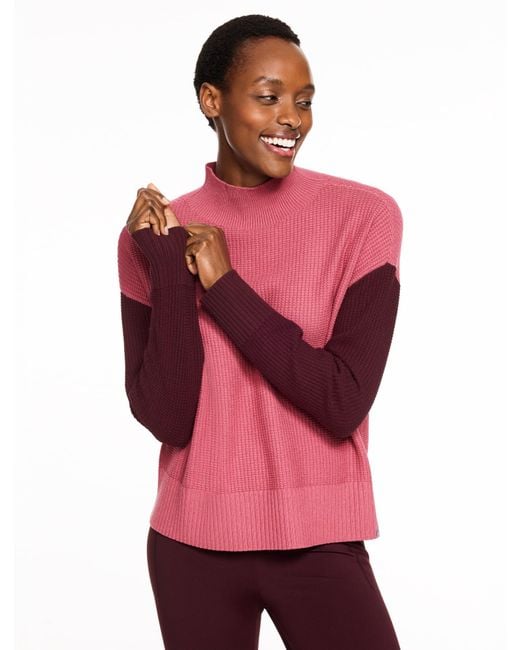 Talbots Red Waffle Knit Mockneck Colorblock Sweater