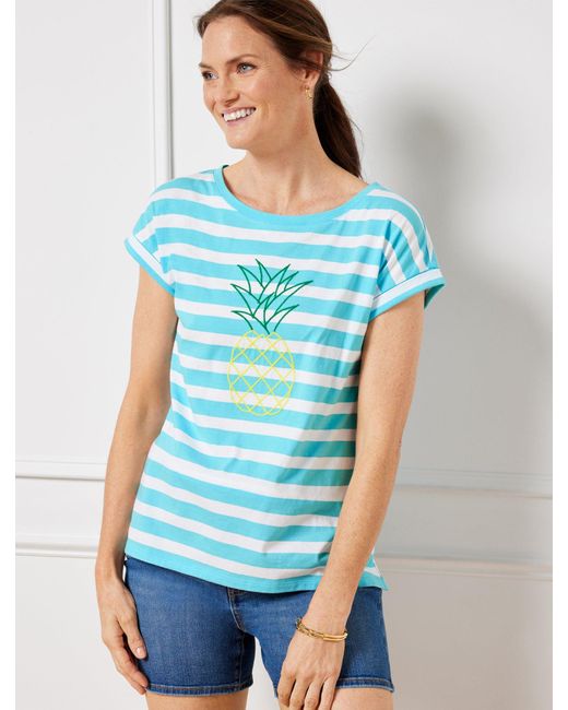 Talbots Blue Roll Sleeve Pineapple T-shirt