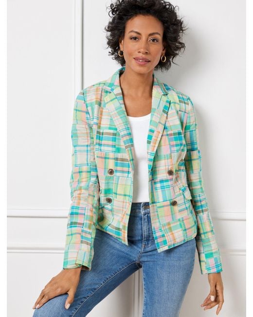 Talbots Green Double Breasted Madras Blazer