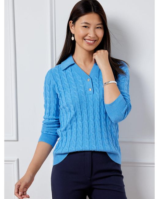 Talbots Blue Cable Knit Johnny Collar Sweater