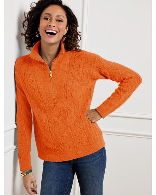 Talbots Orange Cable Knit Zip Collar Sweater