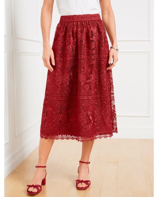 Talbots Red Floral Lace Fit & Flare Midi Skirt