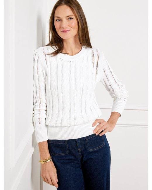 Talbots White Open Knit Cable Crewneck Sweater