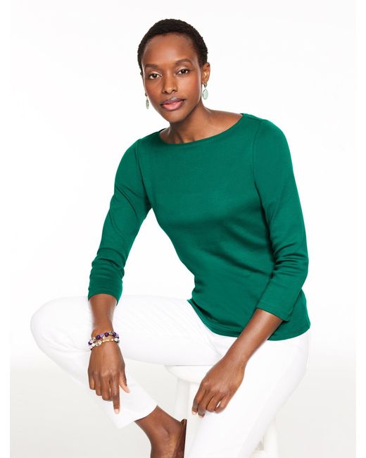 Talbots Green Solid Bateau Neck T-shirt Pima Cotton