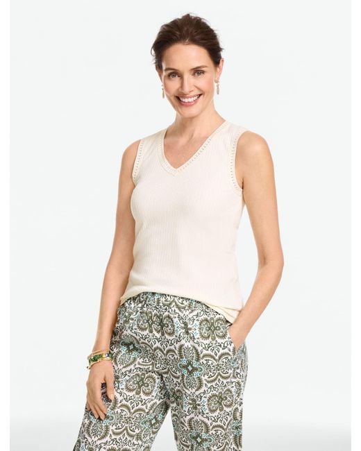 Talbots White Crochet Trim Ribbed Tank Top