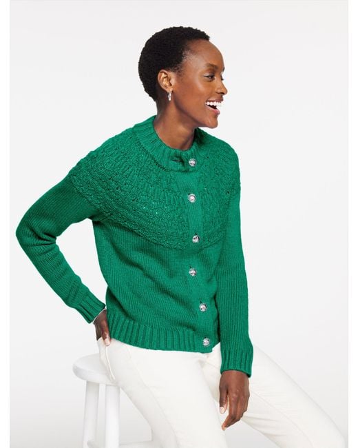 Talbots Green Pointelle Mockneck Cardigan Sweater