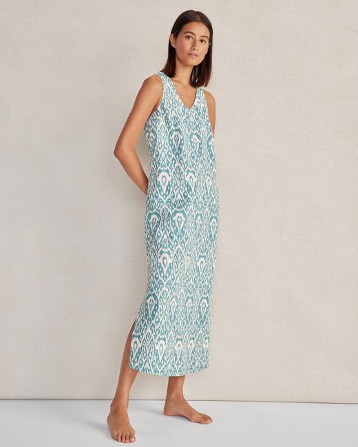 Talbots Blue Organic Cotton Linen Ikat Print Dress