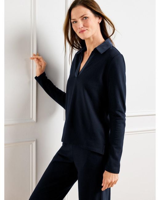 Talbots Blue Seaside French Terry Johnny Collar Pullover Sweater