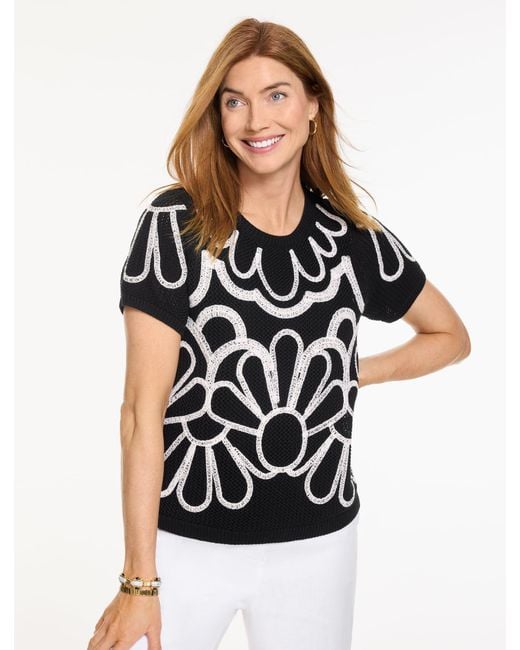 Talbots Black Embroidered Flower Crewneck Sweater