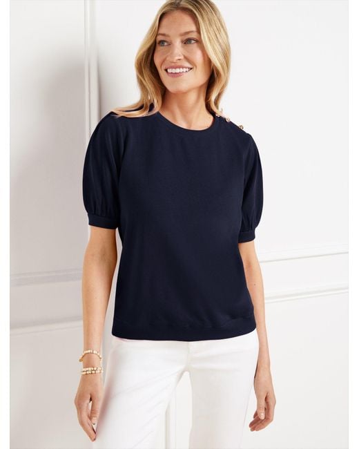 Talbots Blue Button Shoulder Crewneck Sweatshirt