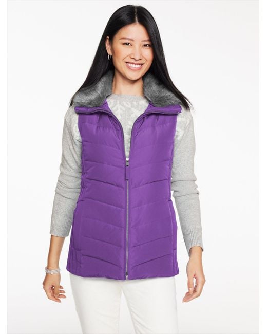 Talbots Faux Fur Collar Down Puffer Vest in Purple Lyst